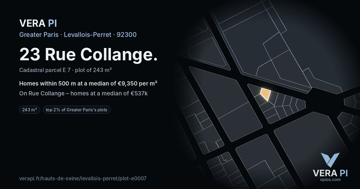 23 Rue Collange, Levallois-Perret at night – the plot lit, the parcels around coloured by the prices near them