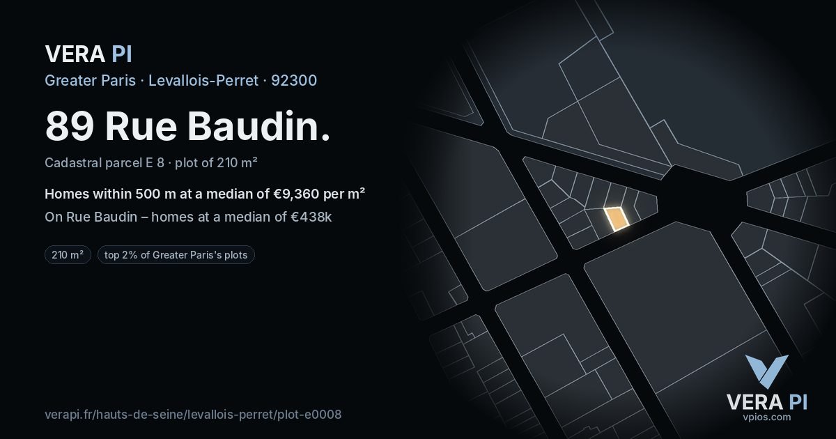 89 Rue Baudin, Levallois-Perret at night – the plot lit, the parcels around coloured by the prices near them