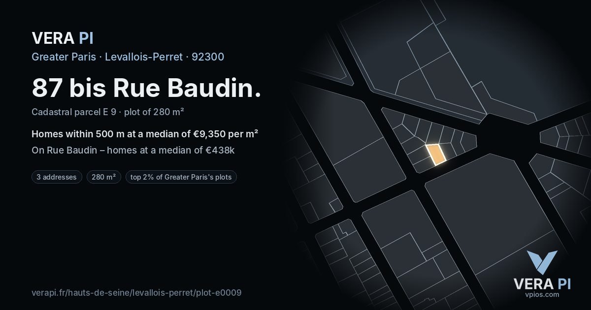 87 bis Rue Baudin, Levallois-Perret at night – the plot lit, the parcels around coloured by the prices near them