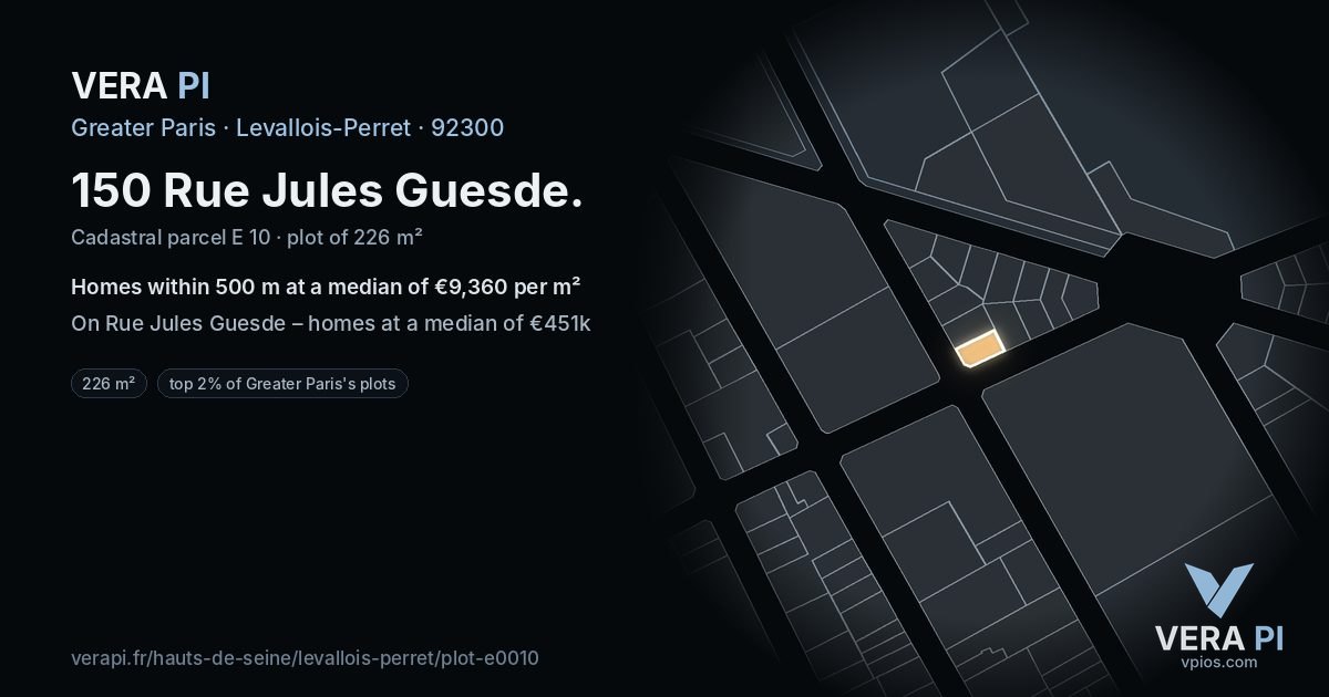 150 Rue Jules Guesde, Levallois-Perret at night – the plot lit, the parcels around coloured by the prices near them