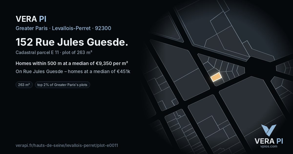 152 Rue Jules Guesde, Levallois-Perret at night – the plot lit, the parcels around coloured by the prices near them