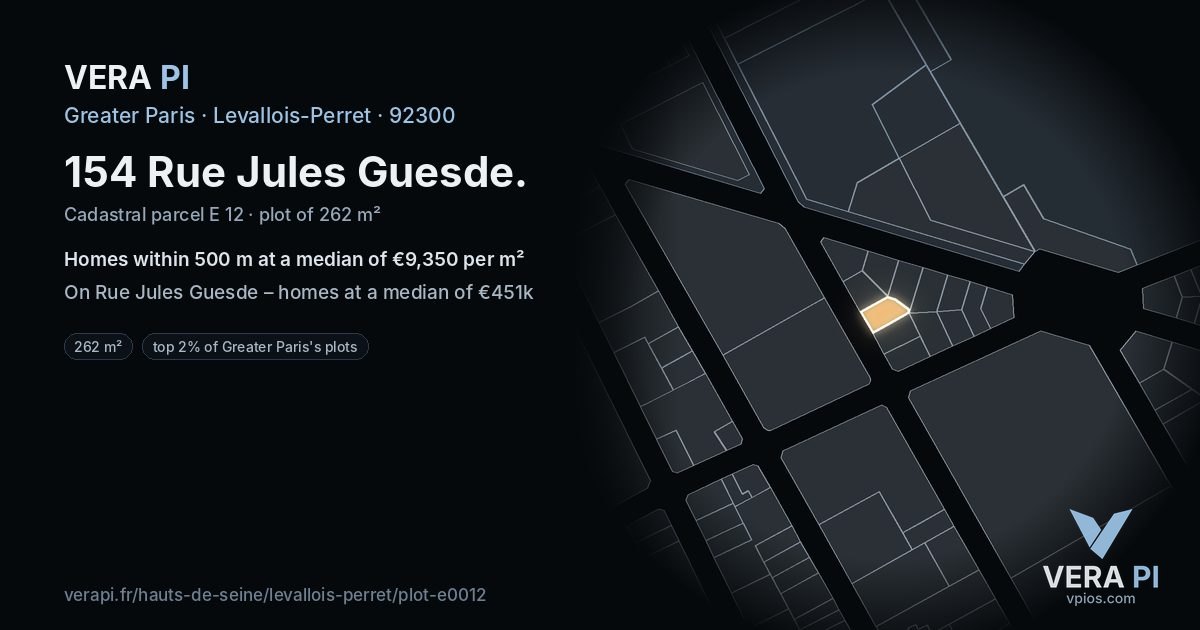 154 Rue Jules Guesde, Levallois-Perret at night – the plot lit, the parcels around coloured by the prices near them