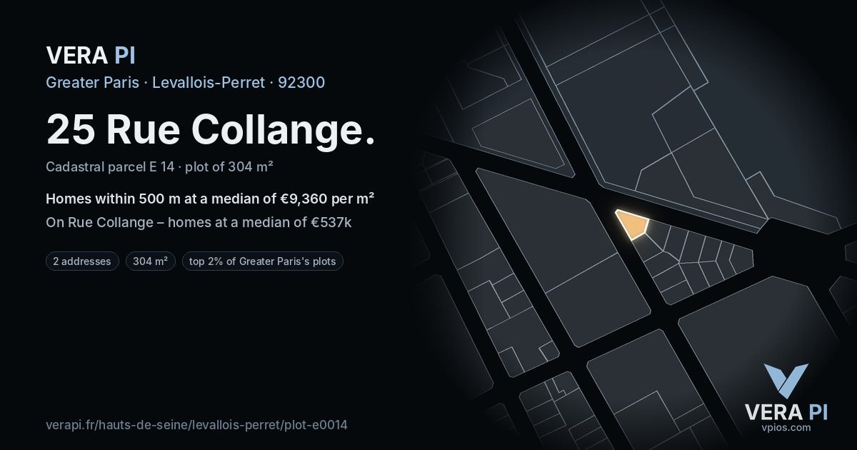 25 Rue Collange, Levallois-Perret at night – the plot lit, the parcels around coloured by the prices near them