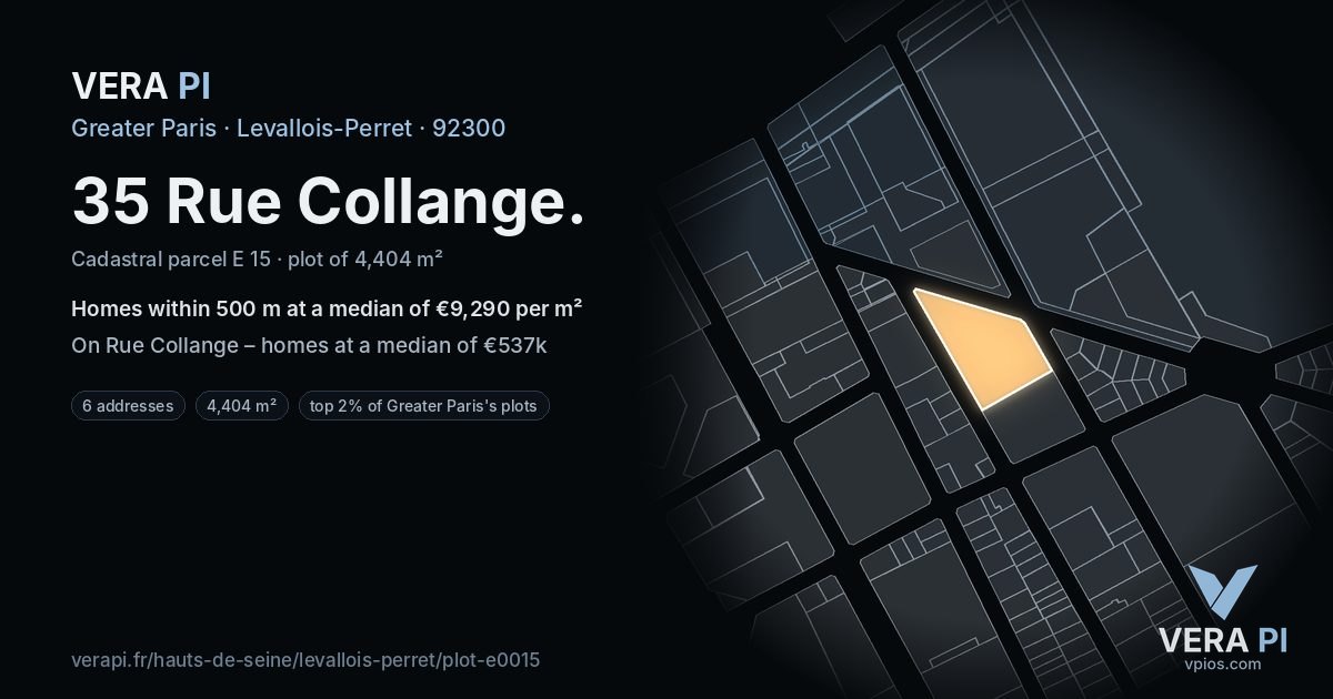 35 Rue Collange, Levallois-Perret at night – the plot lit, the parcels around coloured by the prices near them