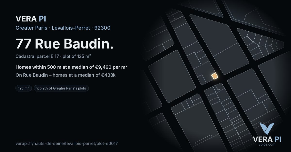 77 Rue Baudin, Levallois-Perret at night – the plot lit, the parcels around coloured by the prices near them