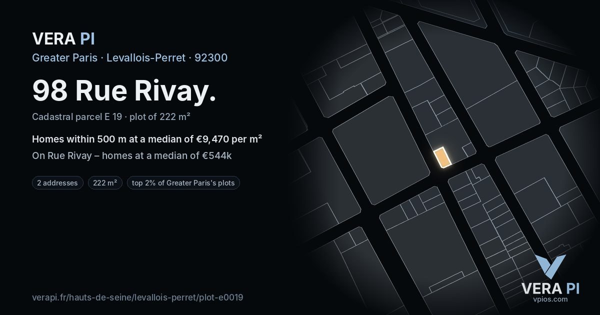98 Rue Rivay, Levallois-Perret at night – the plot lit, the parcels around coloured by the prices near them