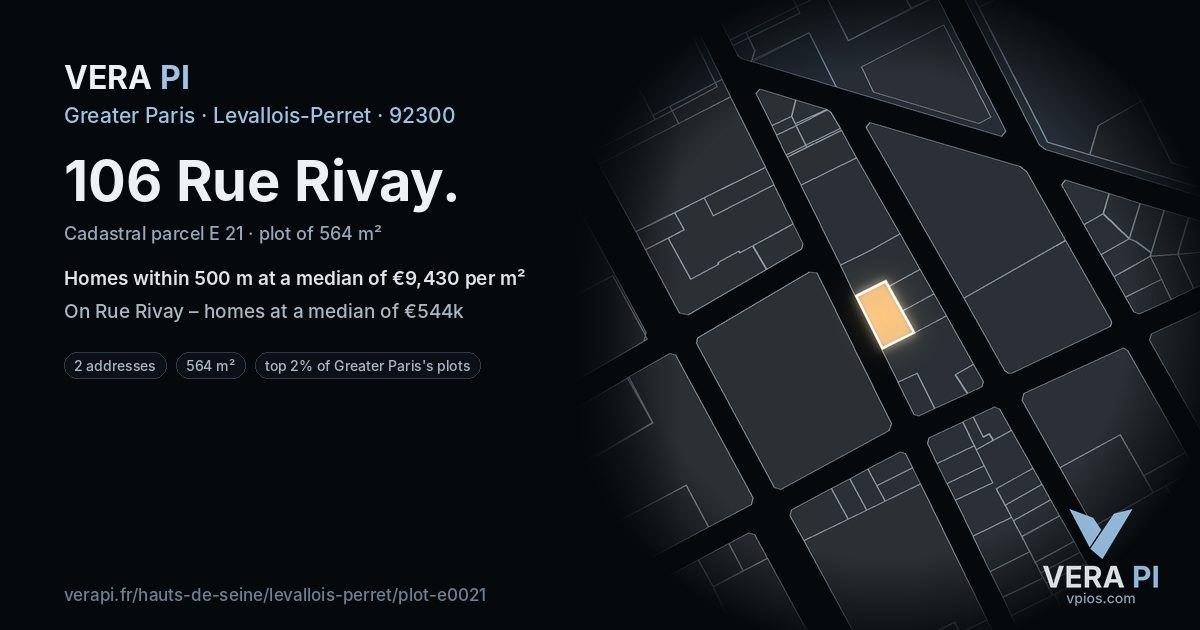 106 Rue Rivay, Levallois-Perret at night – the plot lit, the parcels around coloured by the prices near them