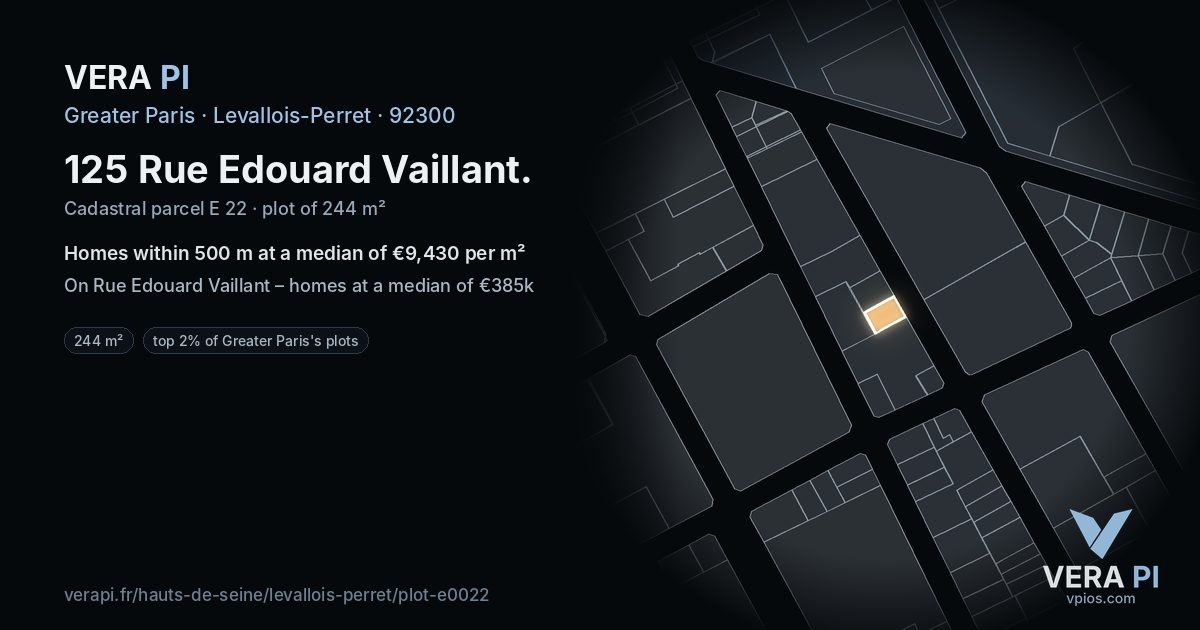 125 Rue Edouard Vaillant, Levallois-Perret at night – the plot lit, the parcels around coloured by the prices near them