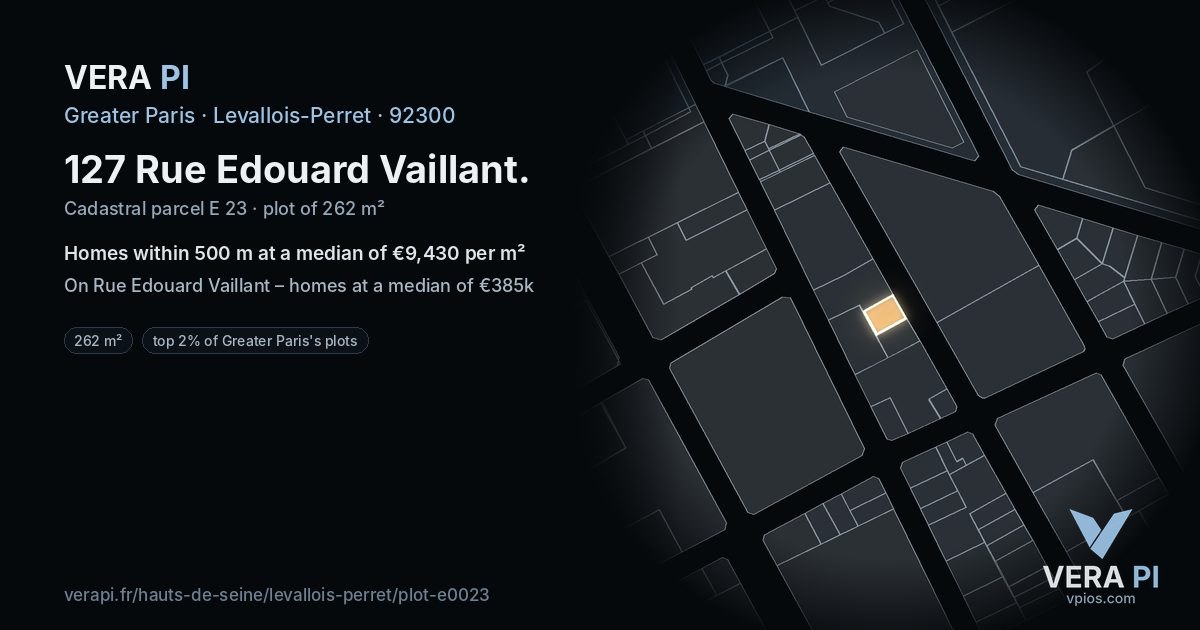 127 Rue Edouard Vaillant, Levallois-Perret at night – the plot lit, the parcels around coloured by the prices near them