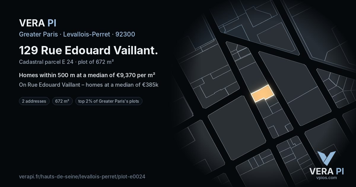 129 Rue Edouard Vaillant, Levallois-Perret at night – the plot lit, the parcels around coloured by the prices near them