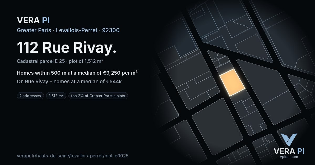 112 Rue Rivay, Levallois-Perret at night – the plot lit, the parcels around coloured by the prices near them