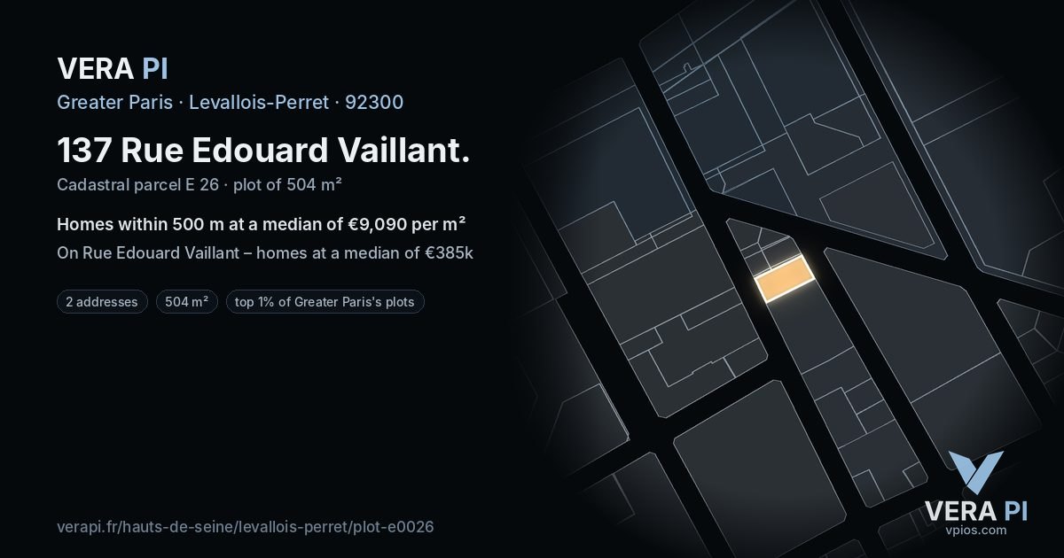 137 Rue Edouard Vaillant, Levallois-Perret at night – the plot lit, the parcels around coloured by the prices near them