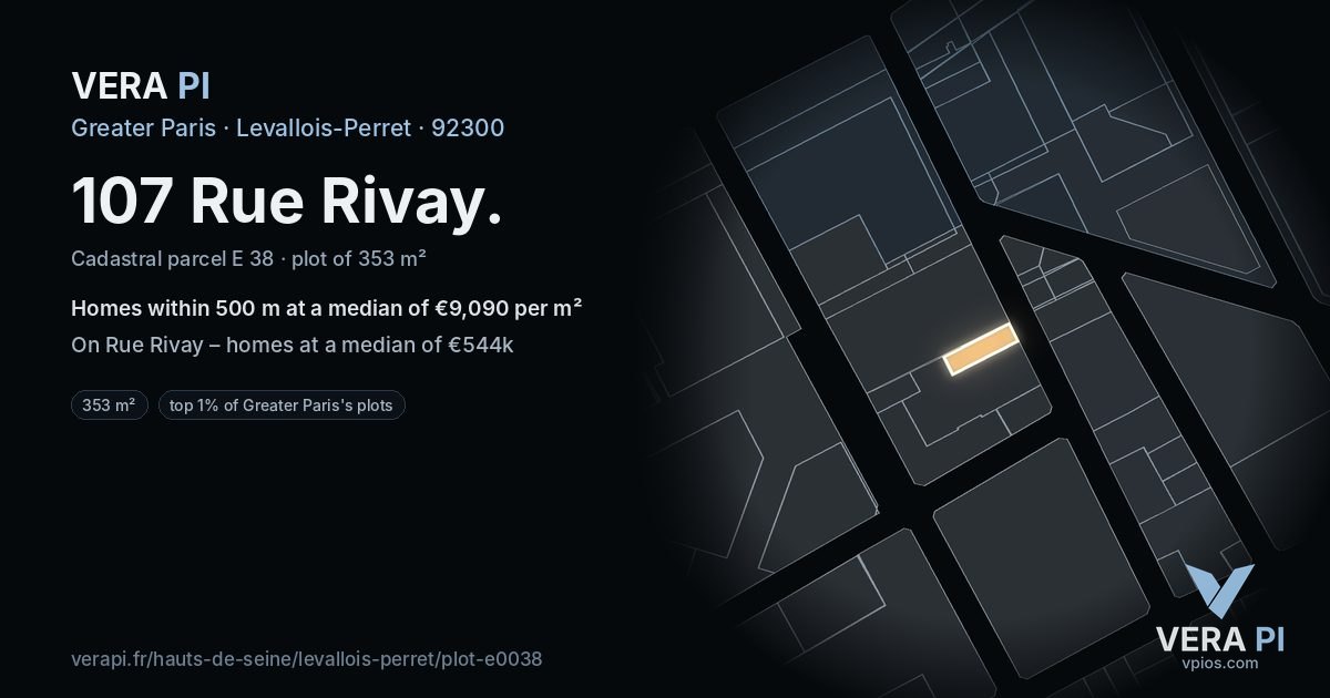 107 Rue Rivay, Levallois-Perret at night – the plot lit, the parcels around coloured by the prices near them