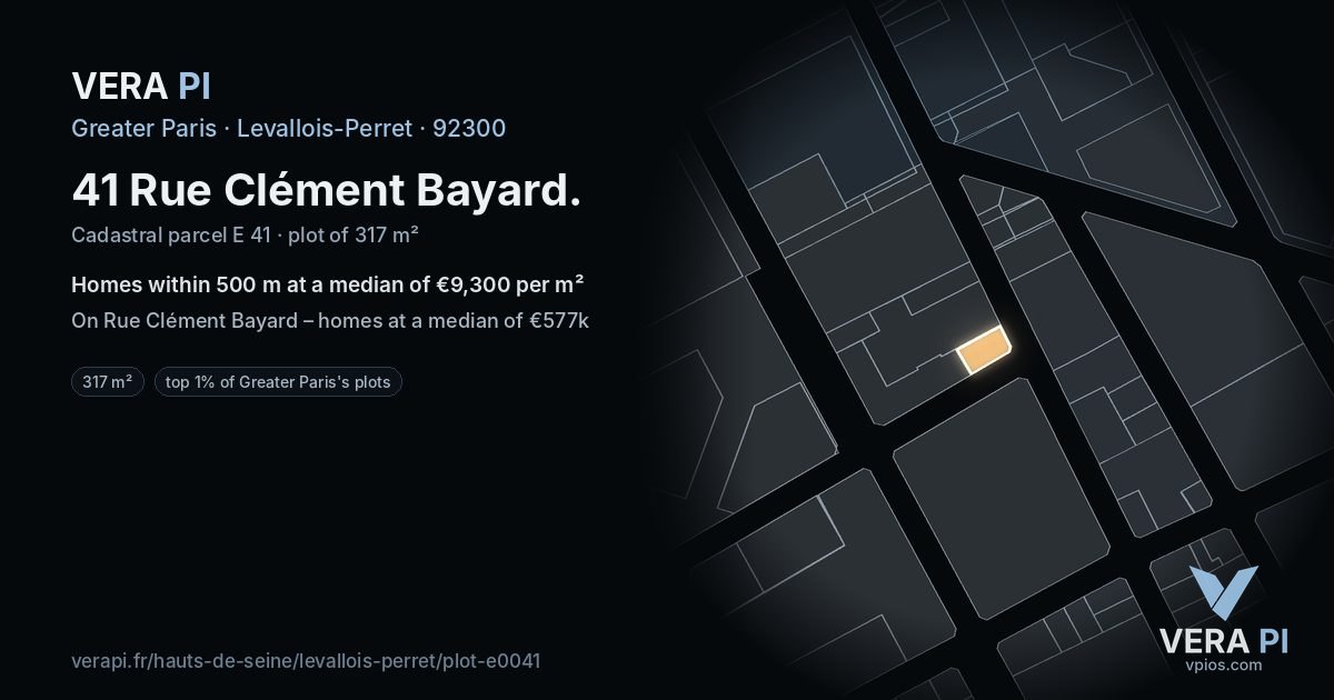 41 Rue Clément Bayard, Levallois-Perret at night – the plot lit, the parcels around coloured by the prices near them