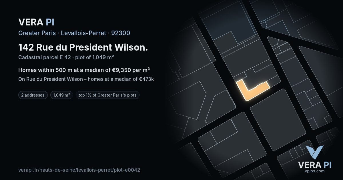 142 Rue du President Wilson, Levallois-Perret at night – the plot lit, the parcels around coloured by the prices near them