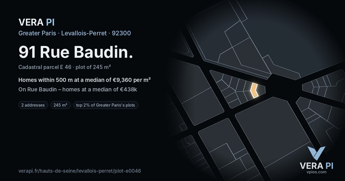 91 Rue Baudin, Levallois-Perret at night – the plot lit, the parcels around coloured by the prices near them