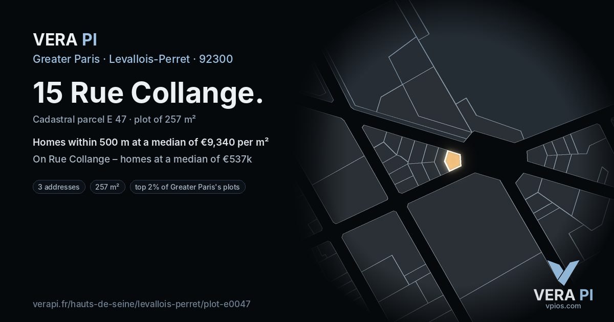 15 Rue Collange, Levallois-Perret at night – the plot lit, the parcels around coloured by the prices near them
