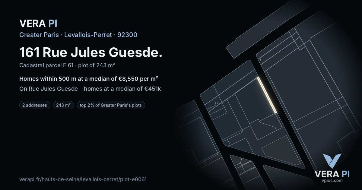 161 Rue Jules Guesde, Levallois-Perret at night – the plot lit, the parcels around coloured by the prices near them