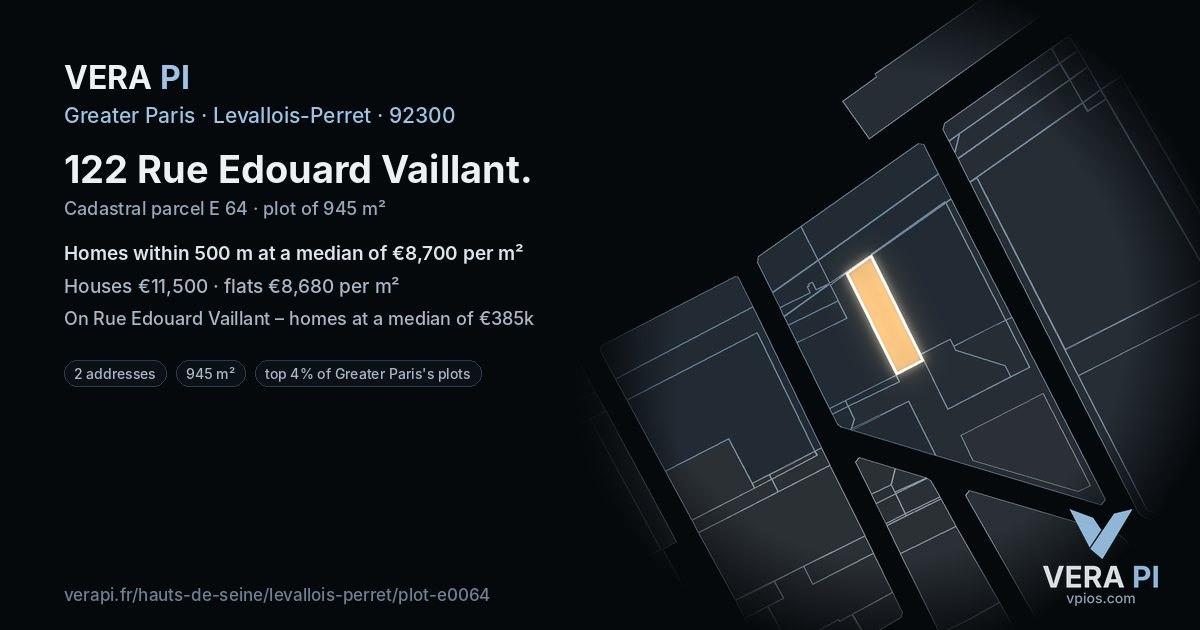122 Rue Edouard Vaillant, Levallois-Perret at night – the plot lit, the parcels around coloured by the prices near them