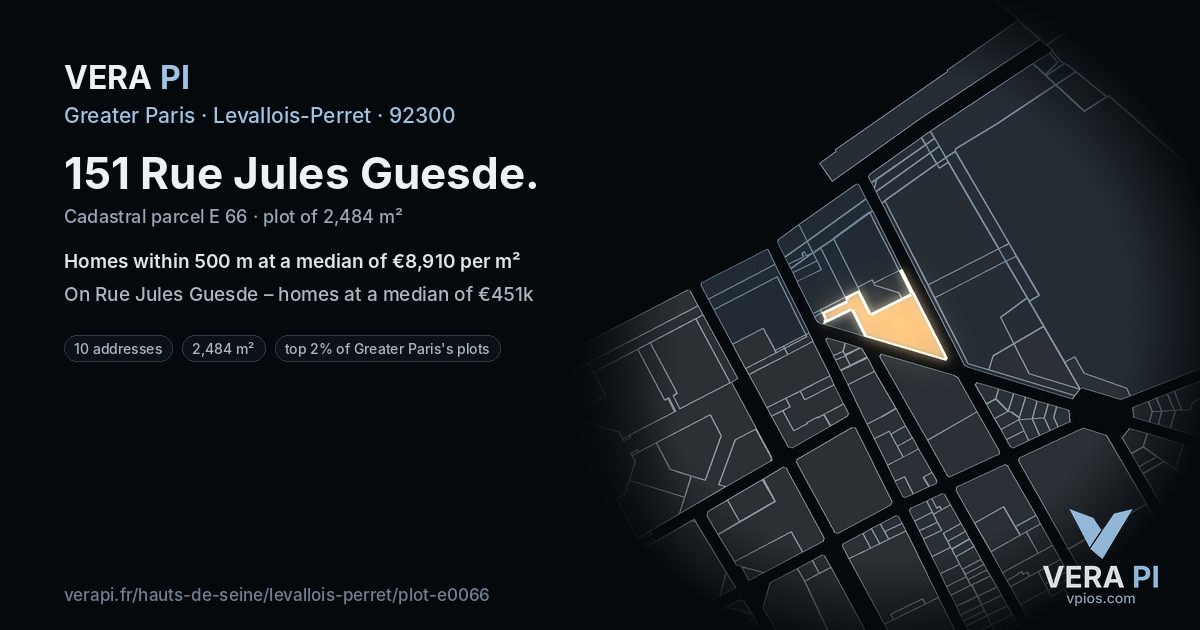 151 Rue Jules Guesde, Levallois-Perret at night – the plot lit, the parcels around coloured by the prices near them