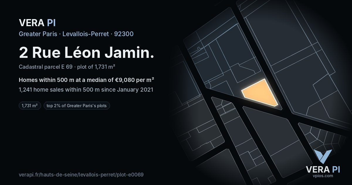 2 Rue Léon Jamin, Levallois-Perret at night – the plot lit, the parcels around coloured by the prices near them