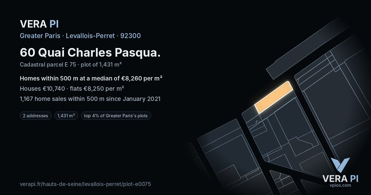 60 Quai Charles Pasqua, Levallois-Perret at night – the plot lit, the parcels around coloured by the prices near them