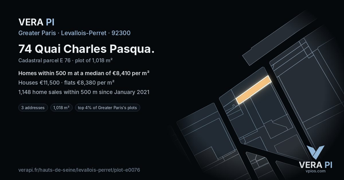 74 Quai Charles Pasqua, Levallois-Perret at night – the plot lit, the parcels around coloured by the prices near them