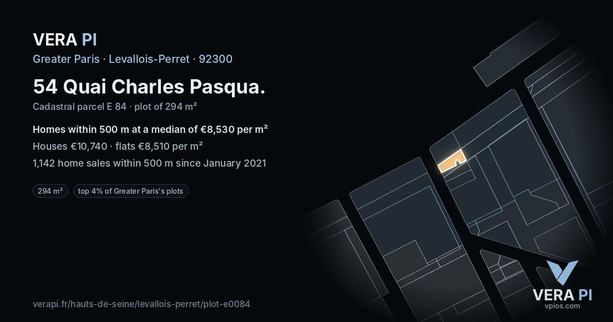 54 Quai Charles Pasqua, Levallois-Perret at night – the plot lit, the parcels around coloured by the prices near them