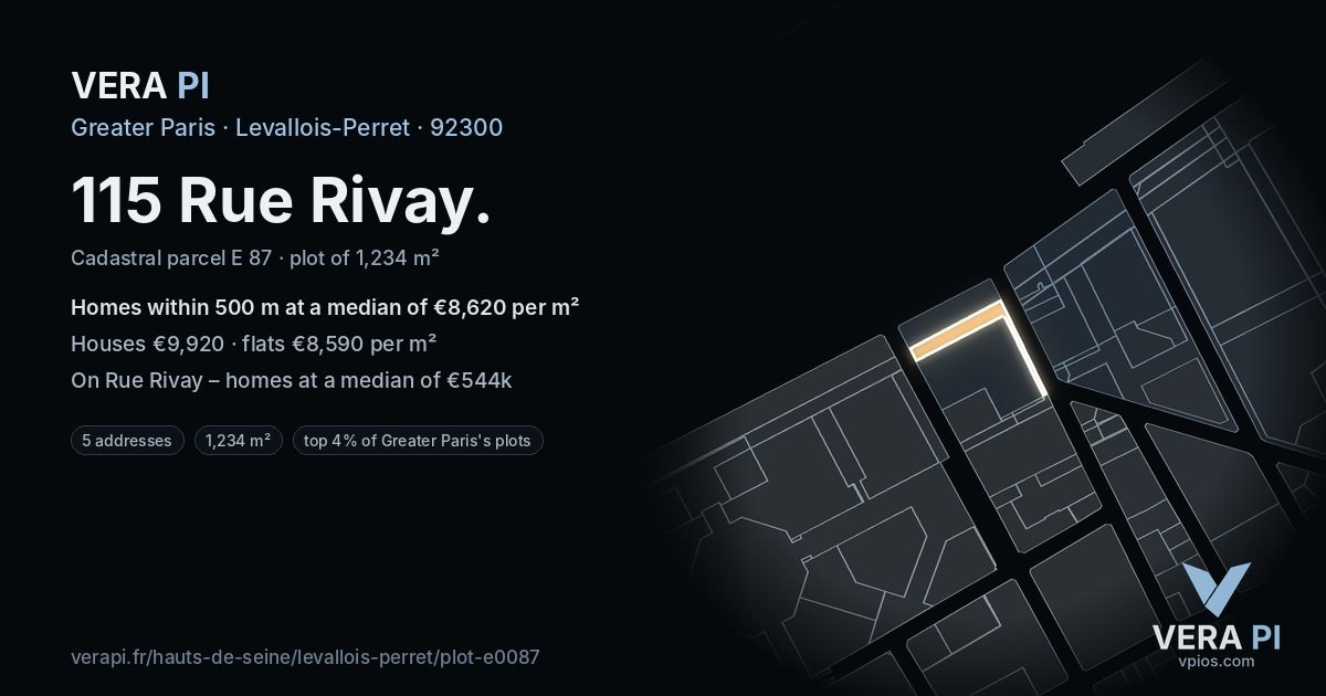 115 Rue Rivay, Levallois-Perret at night – the plot lit, the parcels around coloured by the prices near them
