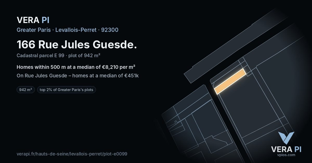 166 Rue Jules Guesde, Levallois-Perret at night – the plot lit, the parcels around coloured by the prices near them