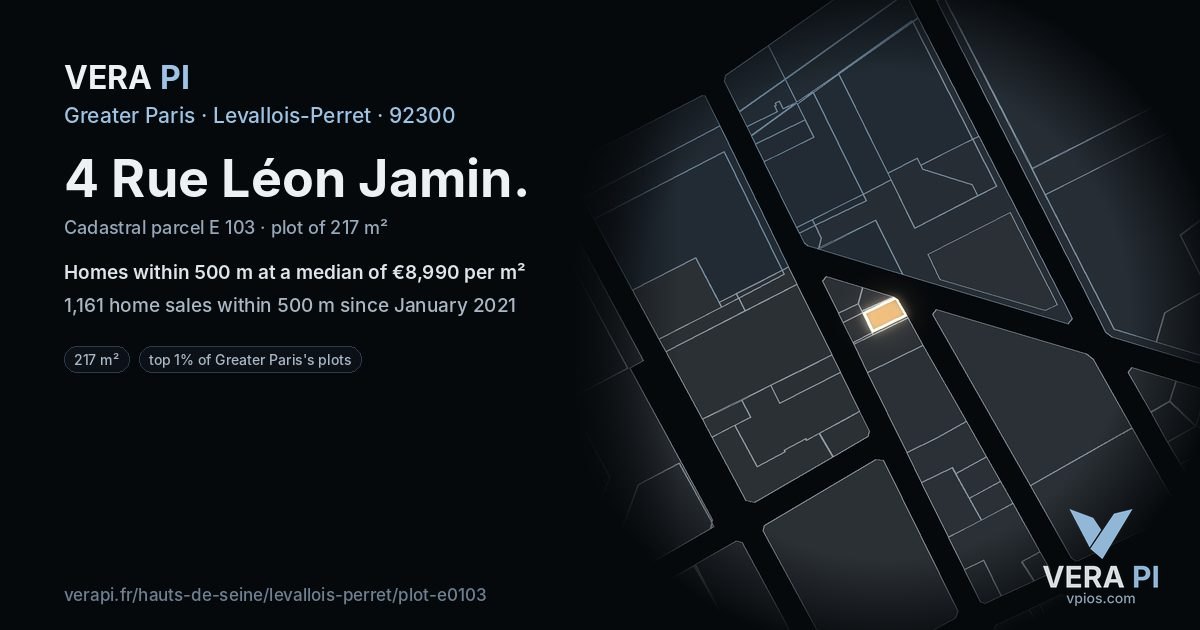4 Rue Léon Jamin, Levallois-Perret at night – the plot lit, the parcels around coloured by the prices near them
