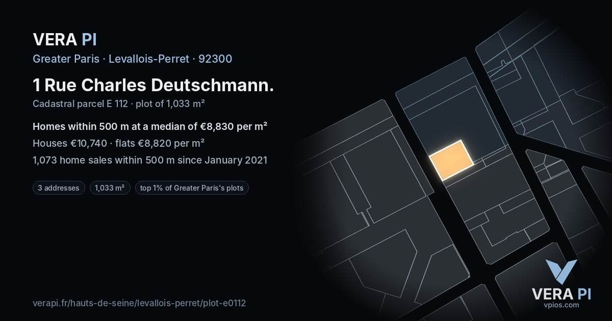 1 Rue Charles Deutschmann, Levallois-Perret at night – the plot lit, the parcels around coloured by the prices near them