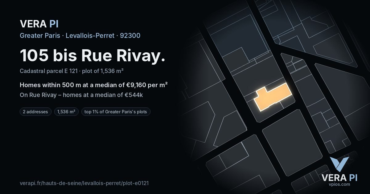 105 bis Rue Rivay, Levallois-Perret at night – the plot lit, the parcels around coloured by the prices near them
