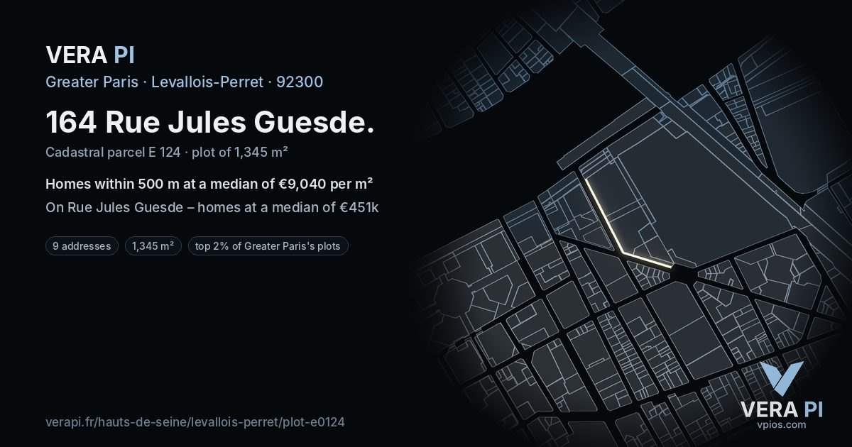 164 Rue Jules Guesde, Levallois-Perret at night – the plot lit, the parcels around coloured by the prices near them