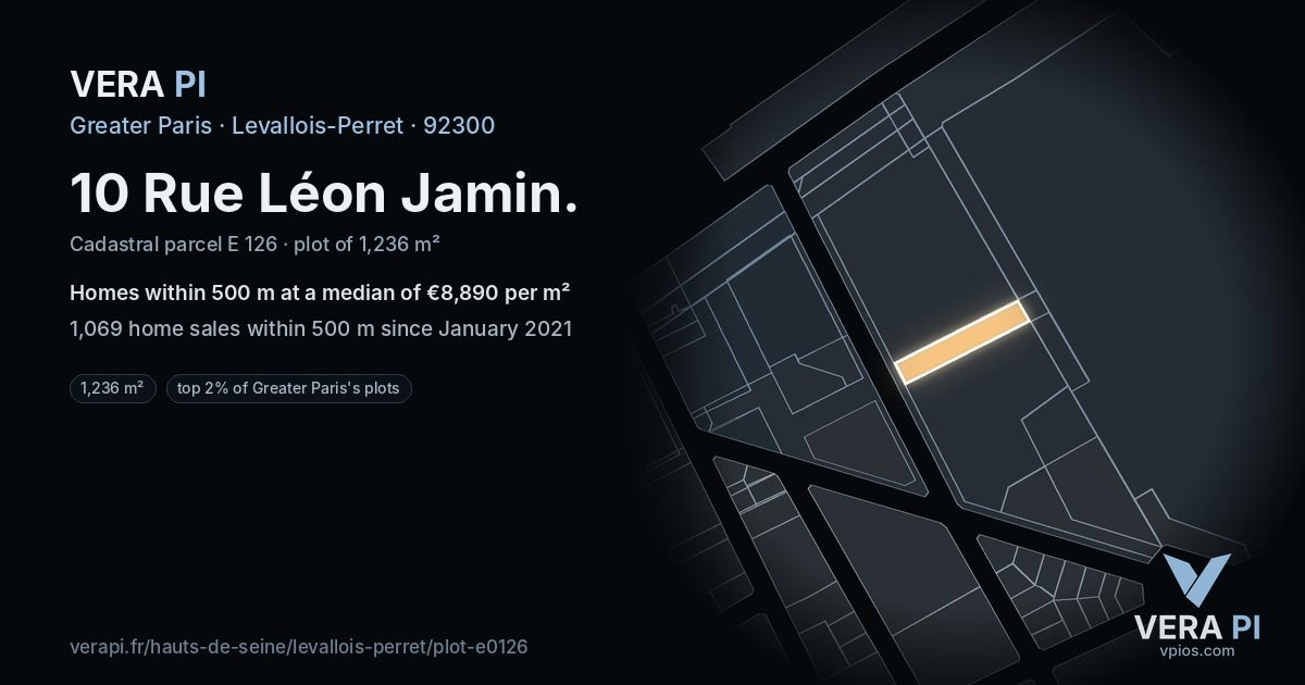 10 Rue Léon Jamin, Levallois-Perret at night – the plot lit, the parcels around coloured by the prices near them