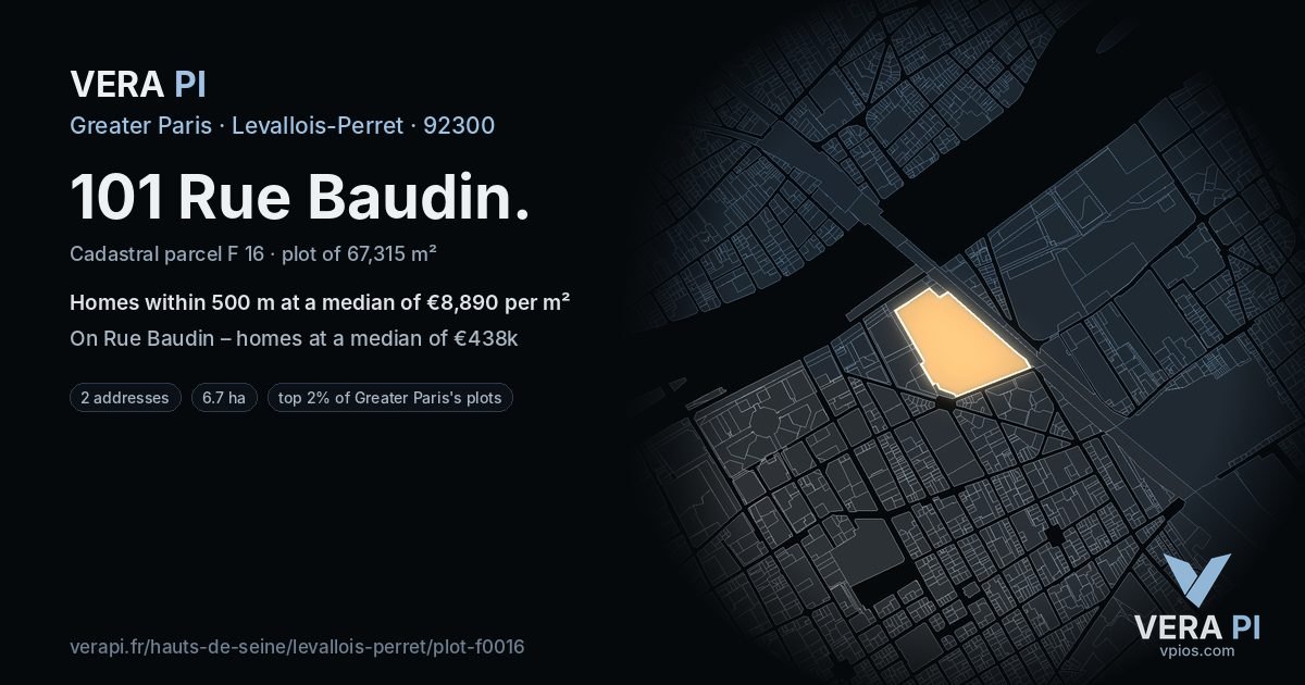 101 Rue Baudin, Levallois-Perret at night – the plot lit, the parcels around coloured by the prices near them