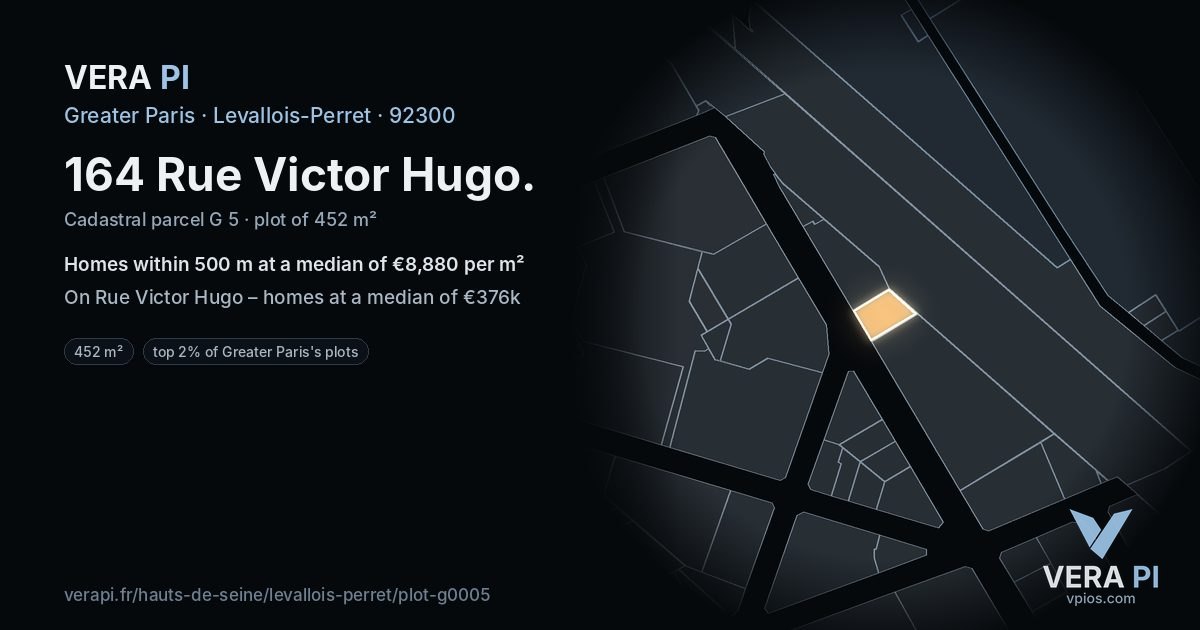 164 Rue Victor Hugo, Levallois-Perret at night – the plot lit, the parcels around coloured by the prices near them