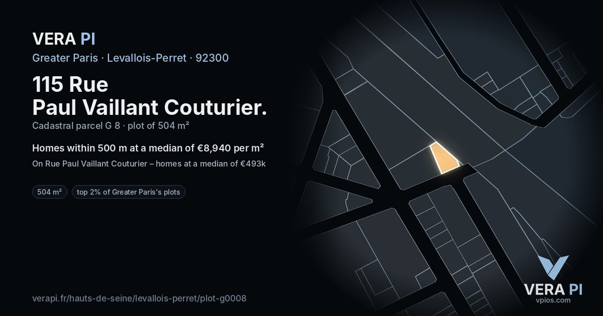 115 Rue Paul Vaillant Couturier, Levallois-Perret at night – the plot lit, the parcels around coloured by the prices near them