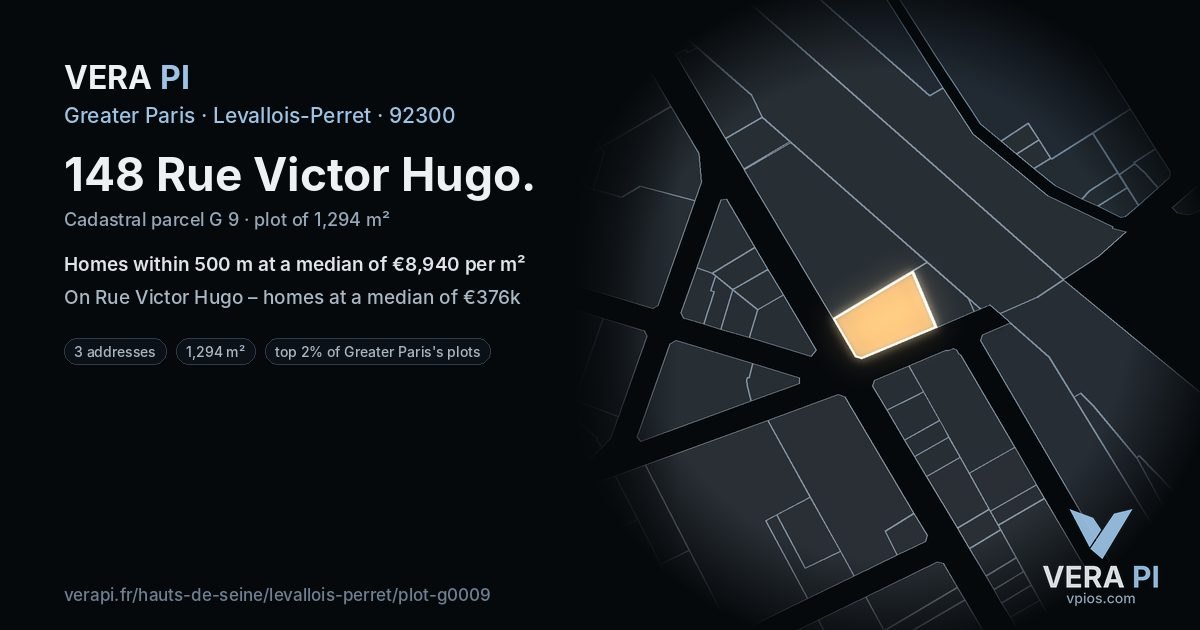 148 Rue Victor Hugo, Levallois-Perret at night – the plot lit, the parcels around coloured by the prices near them
