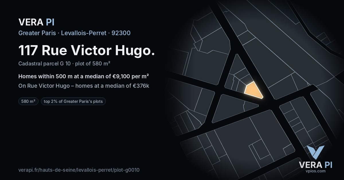 117 Rue Victor Hugo, Levallois-Perret at night – the plot lit, the parcels around coloured by the prices near them
