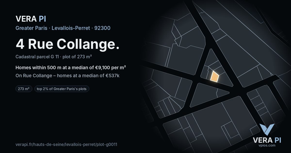 4 Rue Collange, Levallois-Perret at night – the plot lit, the parcels around coloured by the prices near them