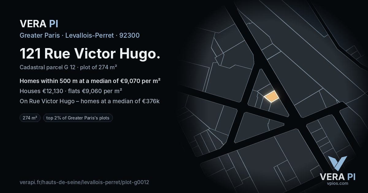 121 Rue Victor Hugo, Levallois-Perret at night – the plot lit, the parcels around coloured by the prices near them