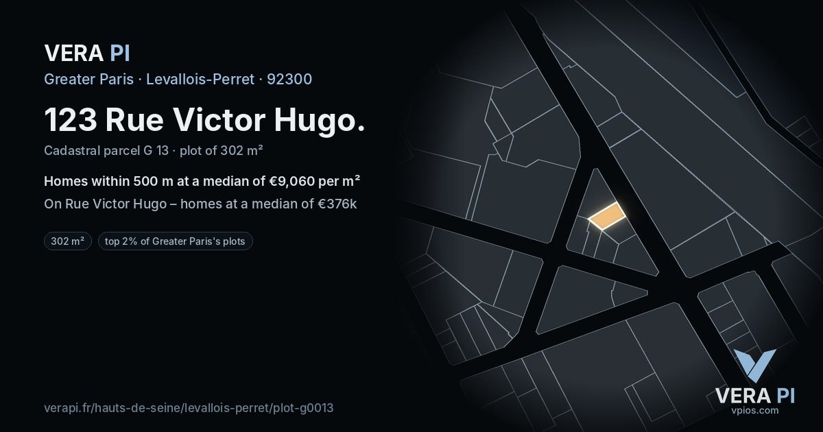 123 Rue Victor Hugo, Levallois-Perret at night – the plot lit, the parcels around coloured by the prices near them