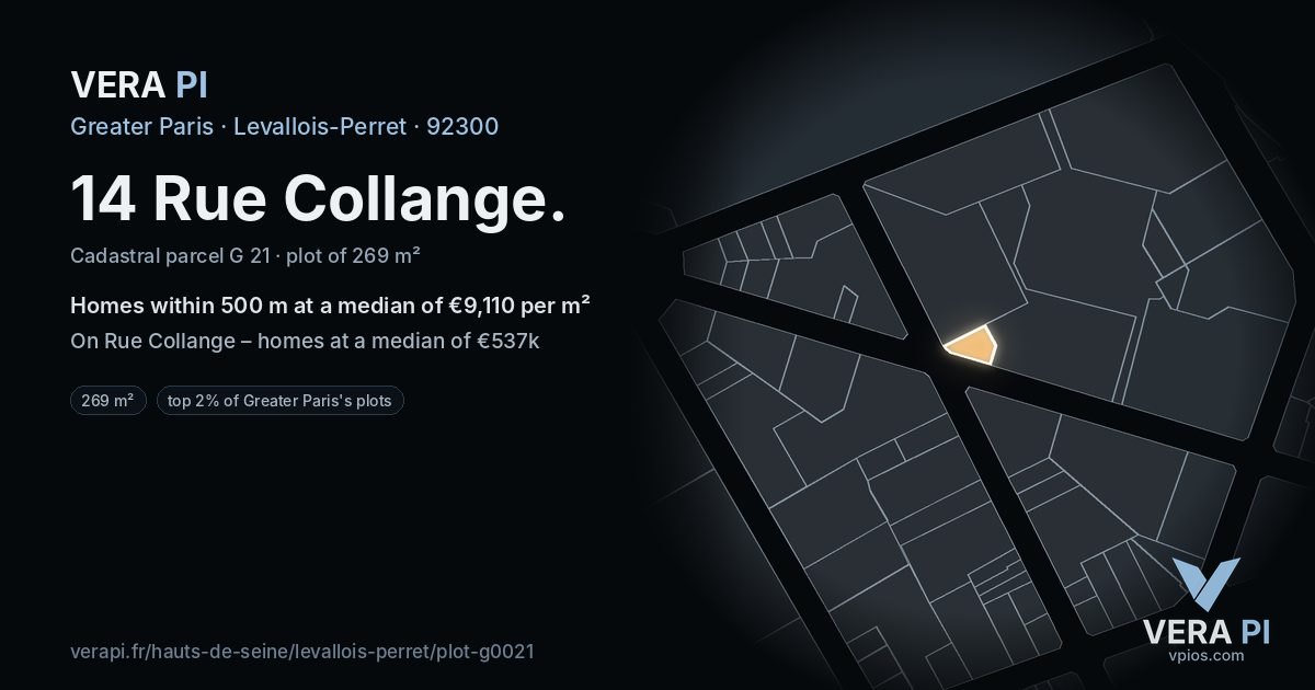 14 Rue Collange, Levallois-Perret at night – the plot lit, the parcels around coloured by the prices near them