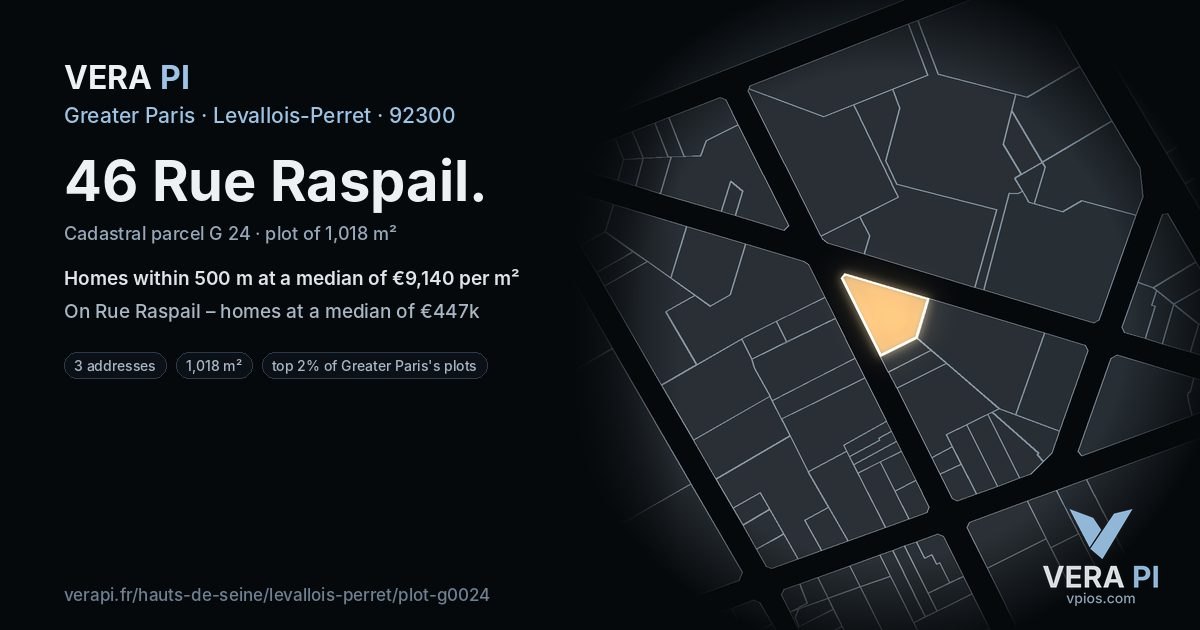 46 Rue Raspail, Levallois-Perret at night – the plot lit, the parcels around coloured by the prices near them