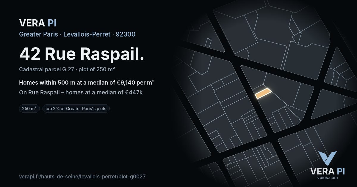 42 Rue Raspail, Levallois-Perret at night – the plot lit, the parcels around coloured by the prices near them
