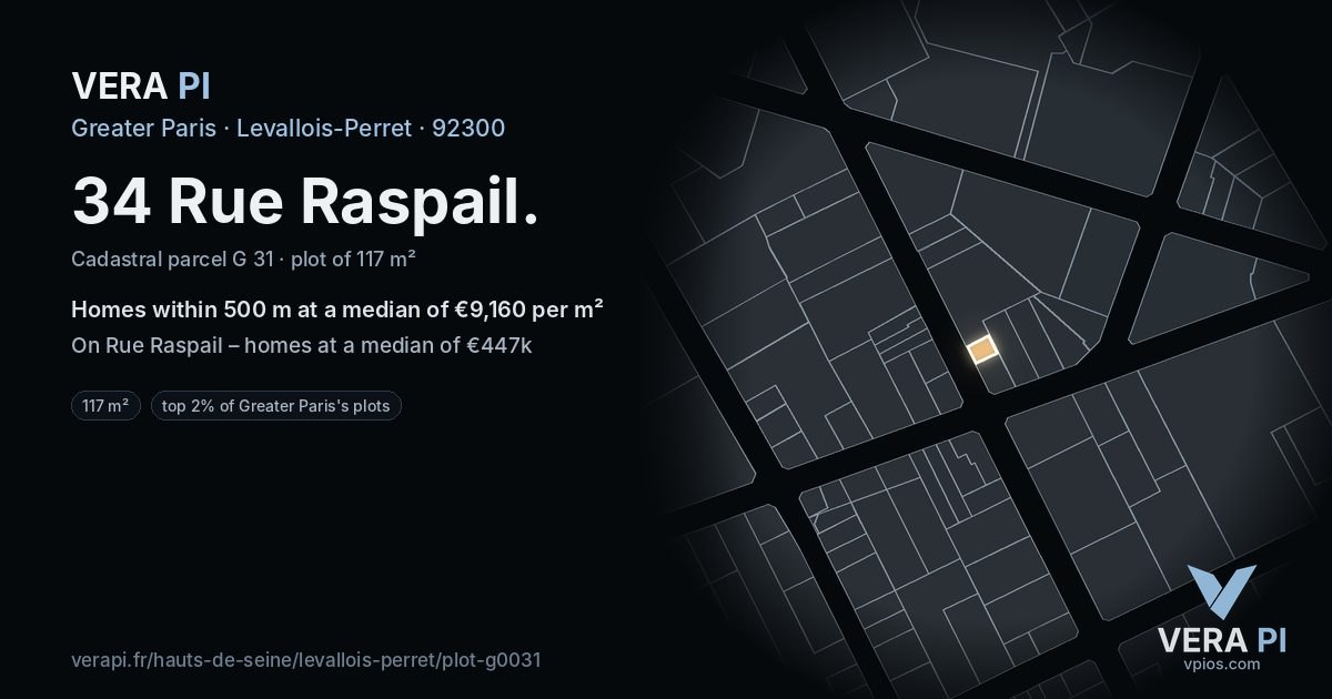 34 Rue Raspail, Levallois-Perret at night – the plot lit, the parcels around coloured by the prices near them