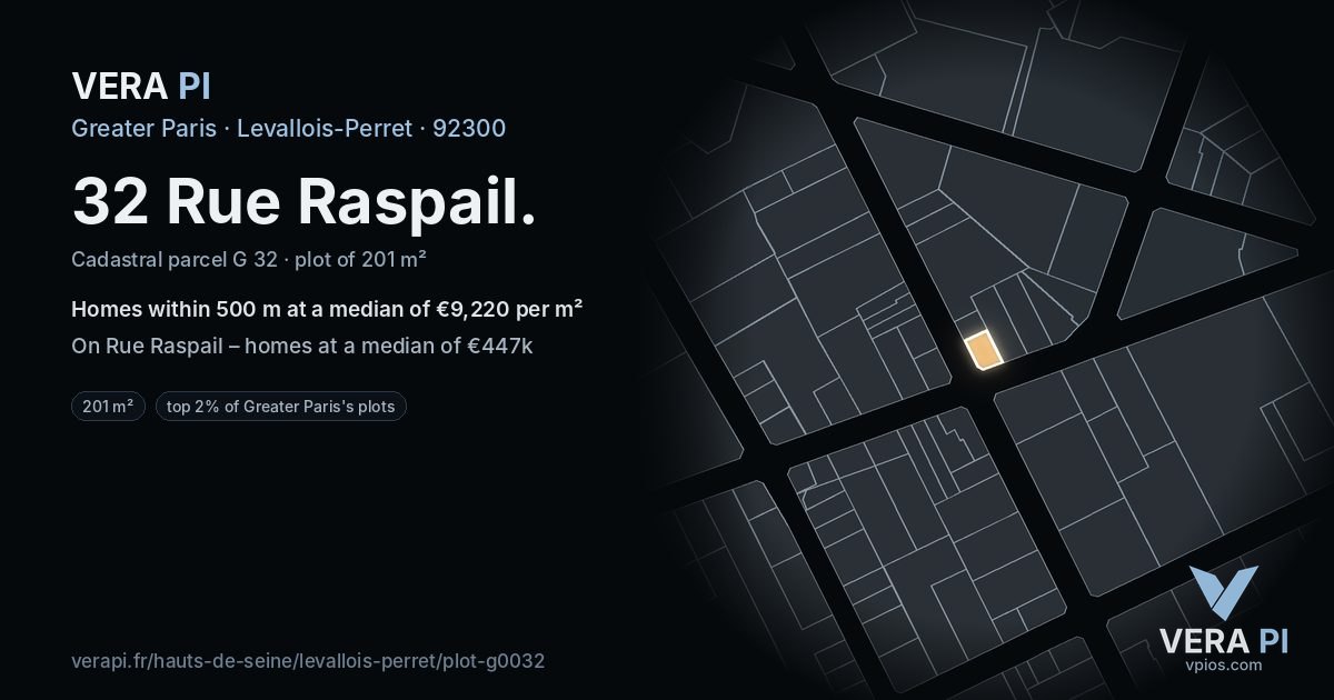 32 Rue Raspail, Levallois-Perret at night – the plot lit, the parcels around coloured by the prices near them