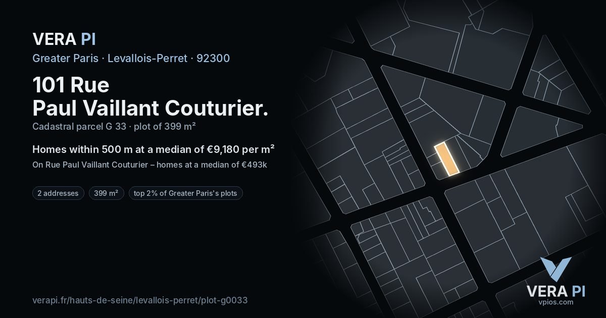 101 Rue Paul Vaillant Couturier, Levallois-Perret at night – the plot lit, the parcels around coloured by the prices near them