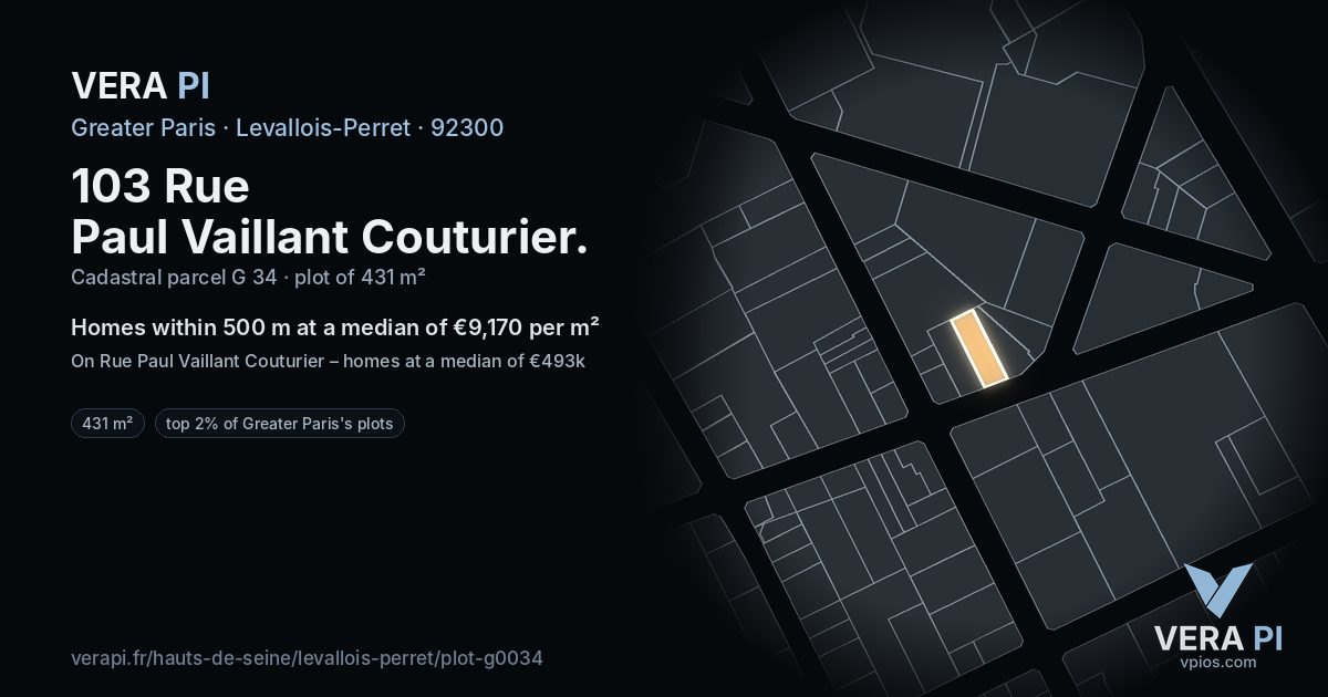 103 Rue Paul Vaillant Couturier, Levallois-Perret at night – the plot lit, the parcels around coloured by the prices near them